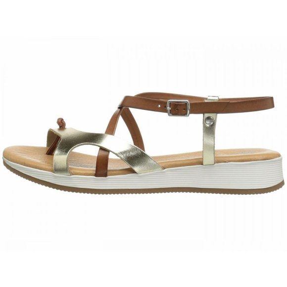 NEW Eric Michael Women Tan Gold Leather Platform Strap Buckle Thong Comfort - Picture 2 of 7